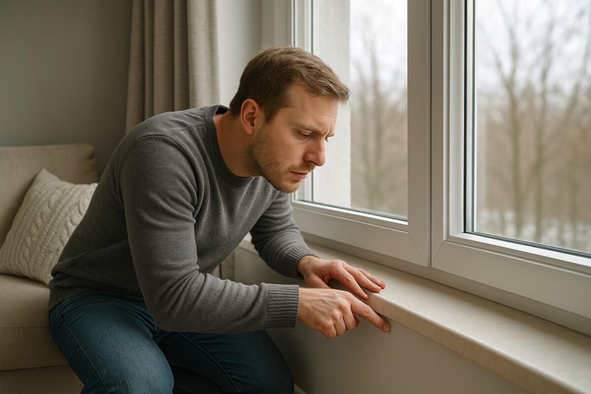 집이 너무 추울 때 해결법, 창문 틈새를 손으로 점검하는 장면