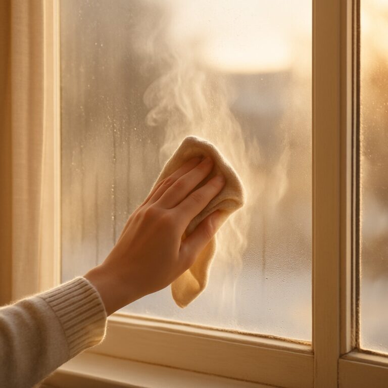 창문 결로 제거, 유리창의 물방울을 닦으며 따뜻한 공기를 지키는 겨울 실내 장면