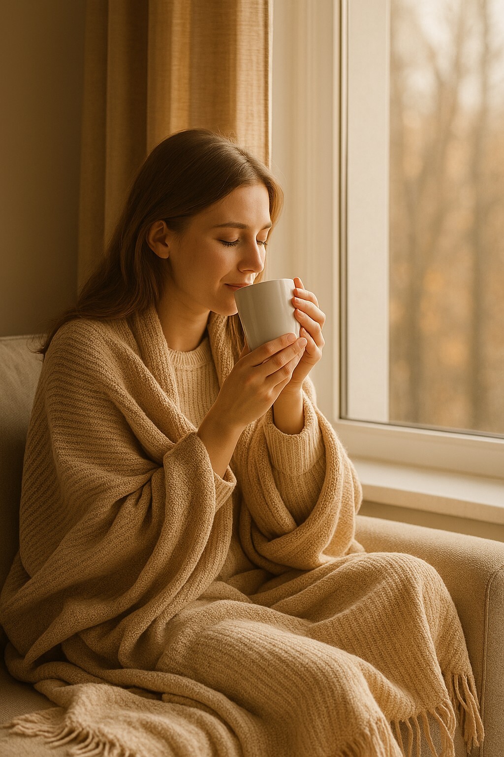 추위를 덜 느끼는 방법, 따뜻한 차를 마시며 담요를 덮은 여성이 베이지톤 겨울 실내에서 자연광 아래 체온을 지키는 따뜻한 장면