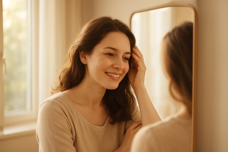 따뜻한 햇살 아래 거울 앞에서 머리카락을 매만지는 여성의 모습. 출산 후 탈모 회복과 몸의 균형을 상징하는 건강 이미지.