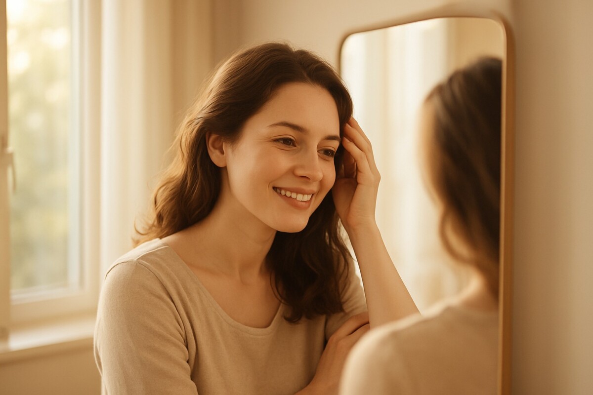 따뜻한 햇살 아래 거울 앞에서 머리카락을 매만지는 여성의 모습. 출산 후 탈모 회복과 몸의 균형을 상징하는 건강 이미지.