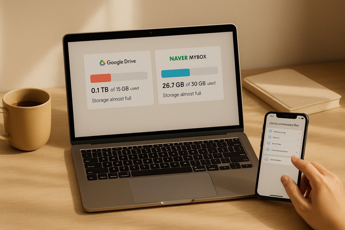클라우드 용량 관리, 구글 드라이브와 MYBOX의 저장 공간을 정리하며 불필요한 파일을 삭제하는 장면
