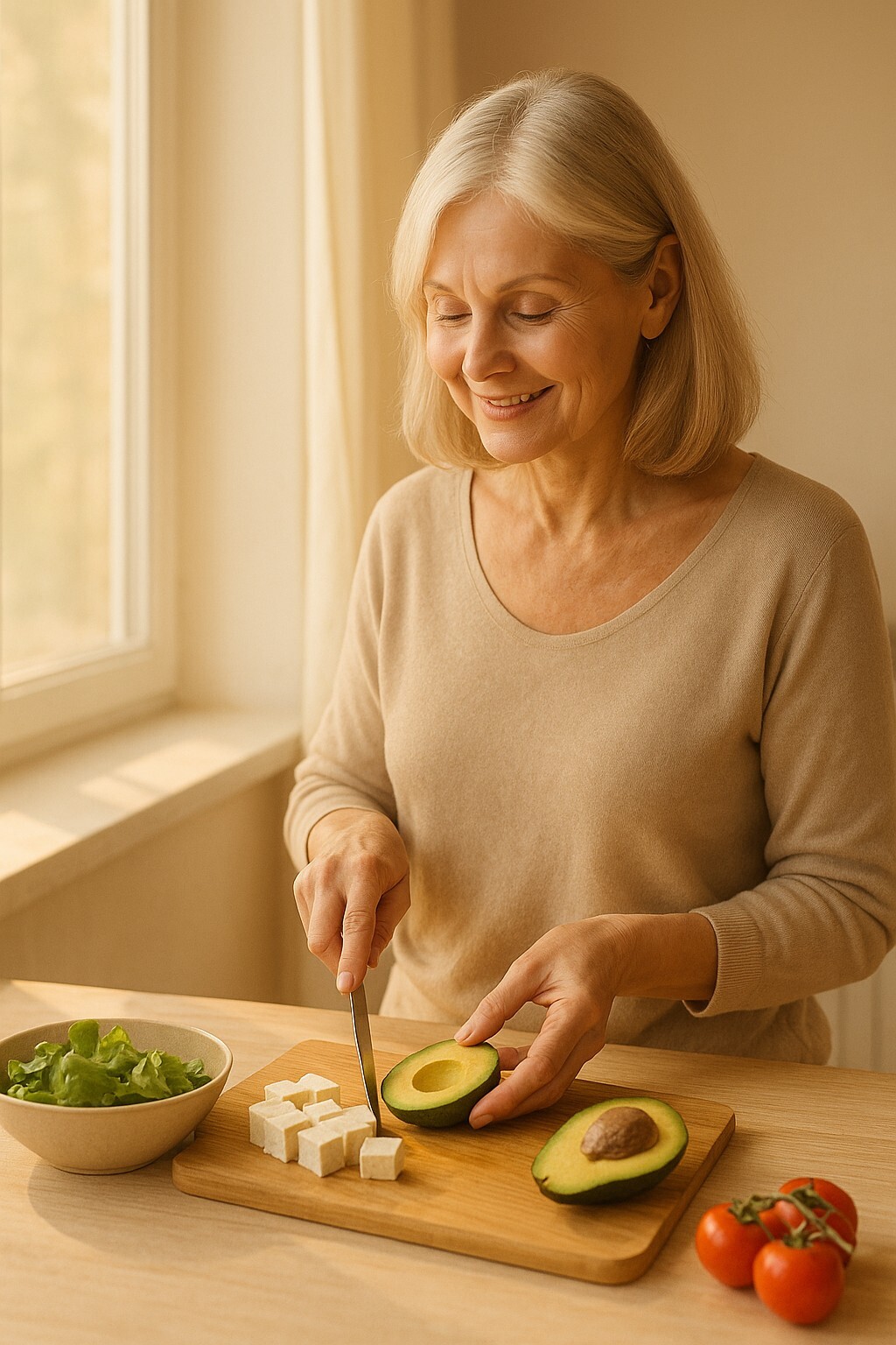 부드러운 햇살 아래 아보카도와 채소를 준비하는 중년 여성의 모습
