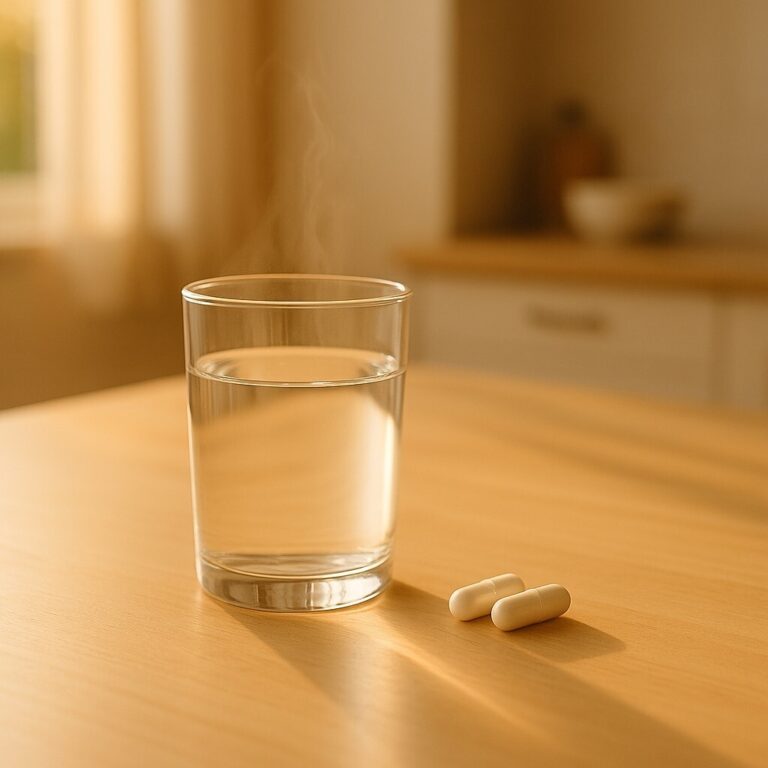 아침 공복에 프로바이오틱스를 섭취하는 건강한 습관을 표현한 프리미엄 이미지, 따뜻한 베이지 톤 자연광 스타일