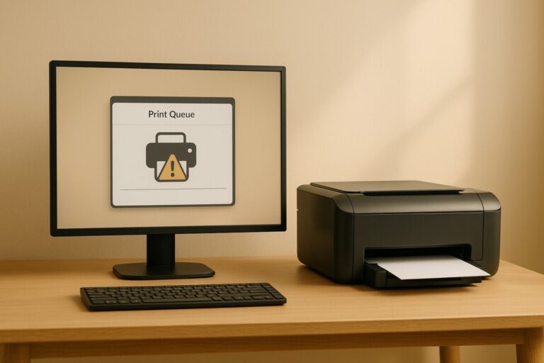 프린터 인쇄 안 됨 상황을 표현한 따뜻한 베이지 톤 작업 공간 이미지, 컴퓨터와 프린터가 함께 배치된 프리미엄 기술 스타일