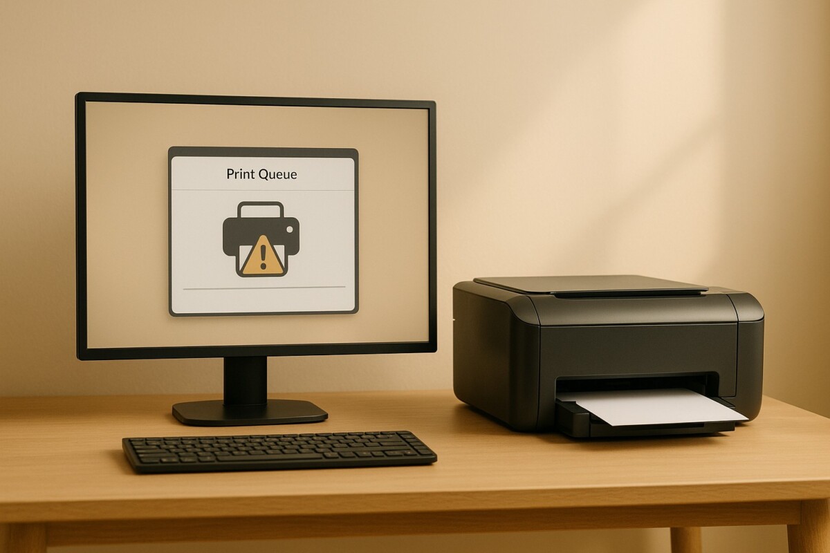 프린터 인쇄 안 됨 상황을 표현한 따뜻한 베이지 톤 작업 공간 이미지, 컴퓨터와 프린터가 함께 배치된 프리미엄 기술 스타일