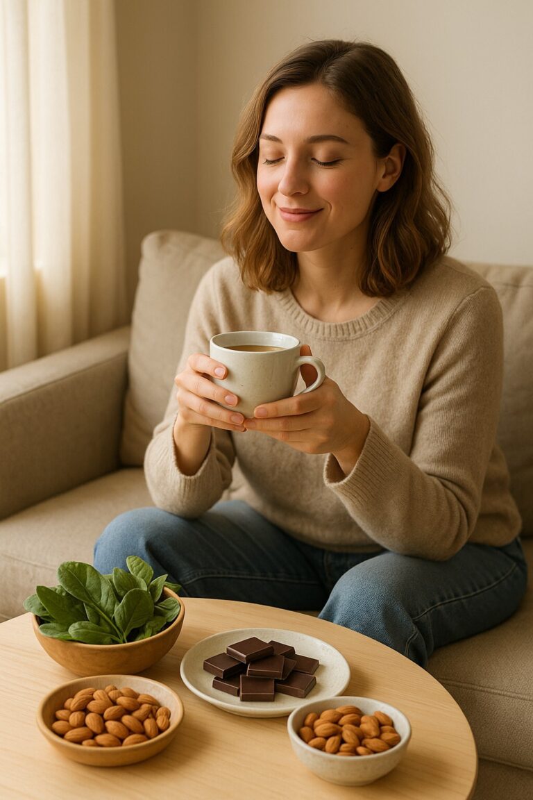 따뜻한 자연광 아래 차를 마시며 휴식 중인 여성의 모습으로, 테이블 위에는 시금치·아몬드·다크초콜릿 등 마그네슘이 풍부한 식재료가 놓여 있다. 피로와 마그네슘의 관계를 표현한 고요한 분위기의 이미지.