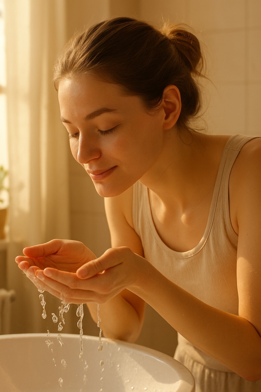 아침 세안으로 피부 당김을 완화하는 과정을 따뜻한 자연광 속에 표현한 이미지