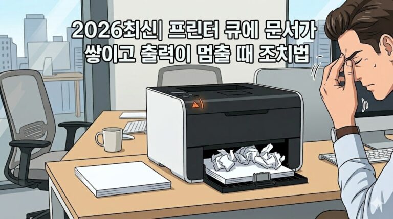 2026년 최신 프린터 큐에 문서가 쌓이고 출력이 멈출 때 조치법 타이틀이 상단에 배치되고 인쇄 대기열 오류로 당황하는 인물이 그려진 웹툰풍 블로그 대표 이미지