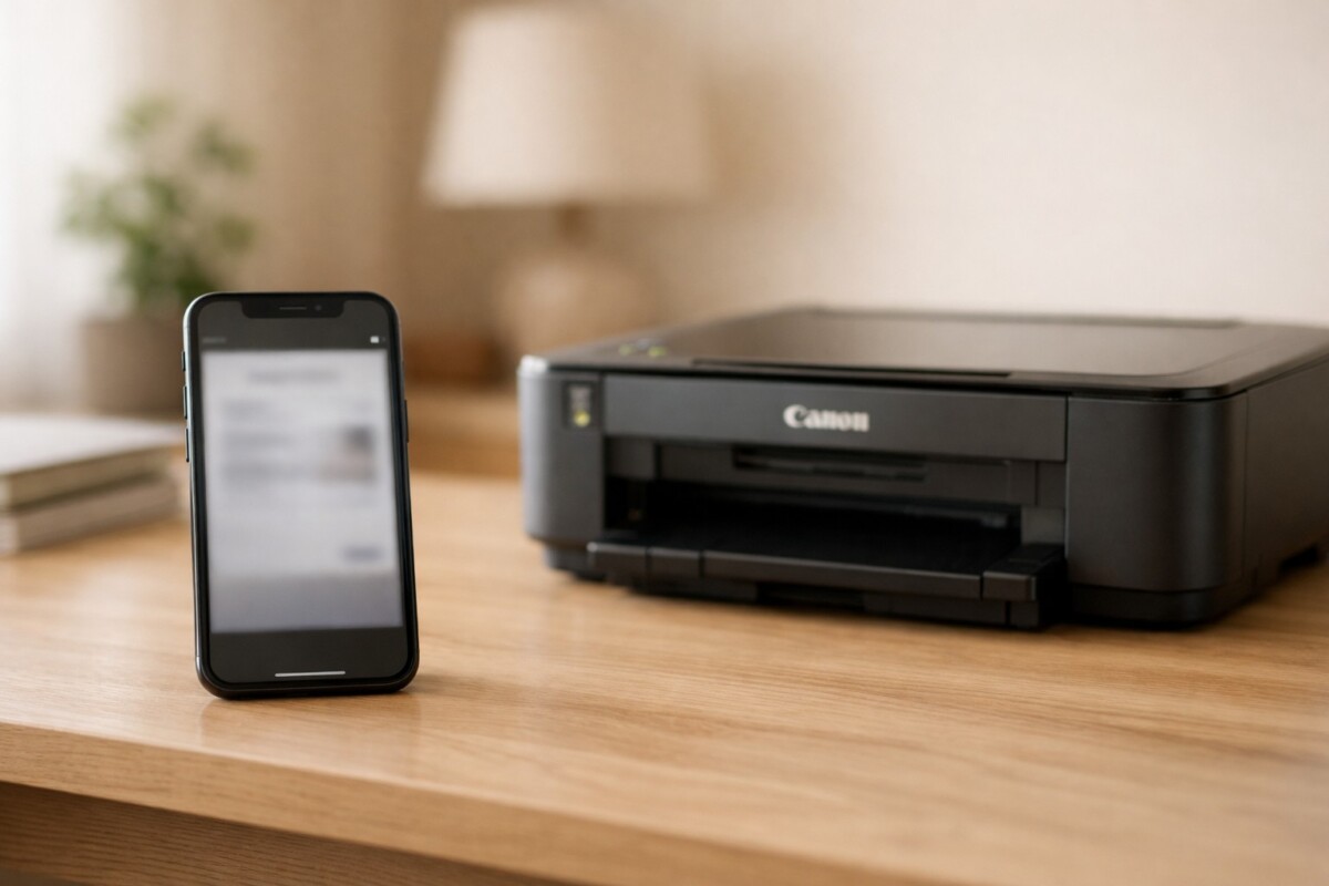 Canon AirPrint 안 될 때 iPhone iPad에서 프린터가 인식되지 않아 출력이 멈춘 상황을 보여주는 홈 오피스 장면