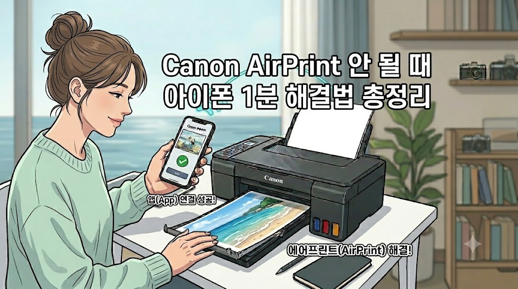 여성이 방안에서 아이폰으로 캐논 프린터 무선 출력을 성공시킨 모습