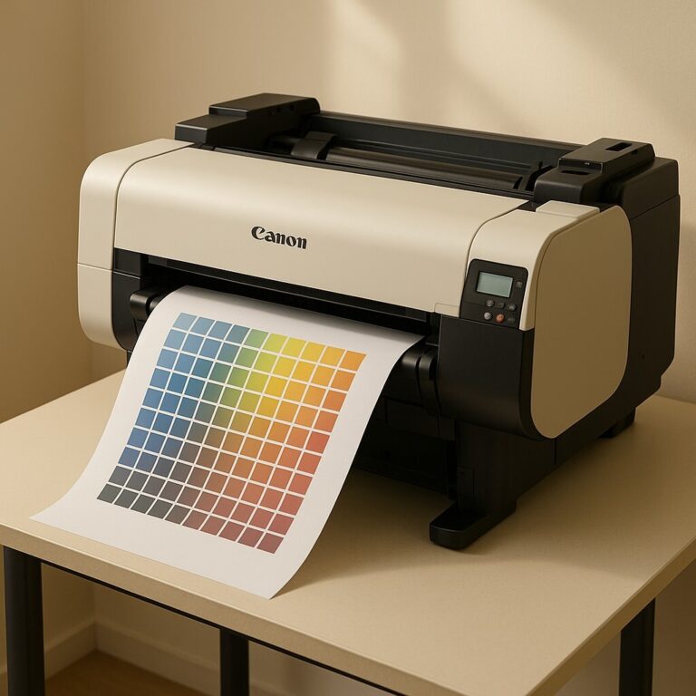 Canon TM 시리즈 색상 오류 색 보정 테스트를 출력 중인 플로터 장면