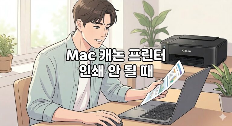 Canon 프린터 Mac에서 인쇄 안 될 때 안내 문구와 함께 노트북 앞에서 인쇄물을 확인하는 장면