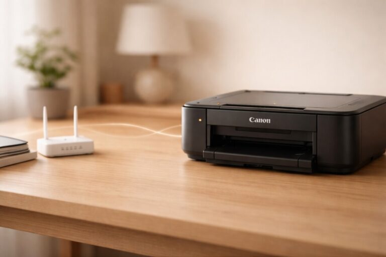 Canon 프린터 Wi-Fi 연결이 자주 끊길 때 출력이 멈춘 상황을 보여주는 홈 오피스 환경
