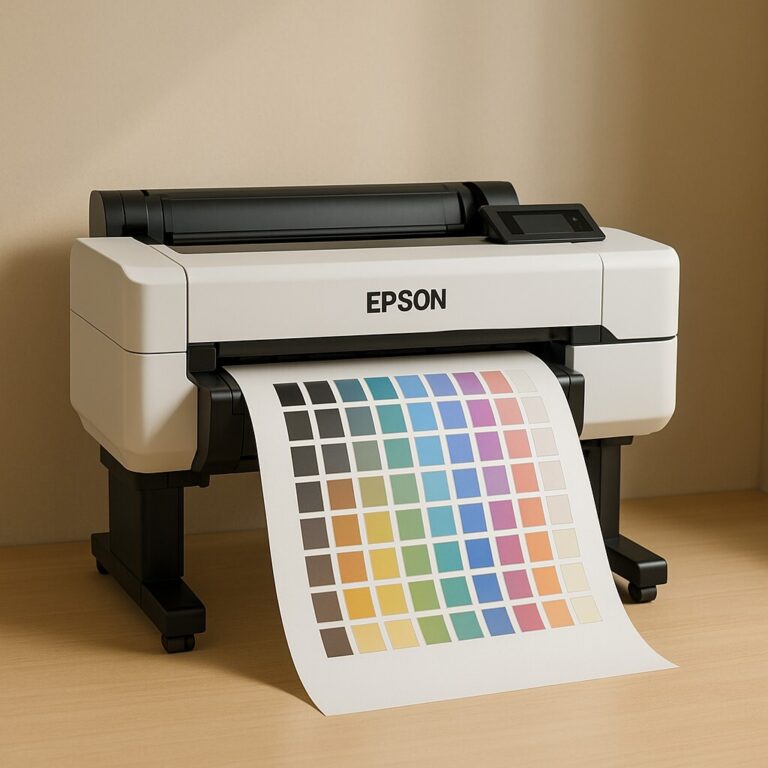 Epson SureColor 색 편차 문제를 설명하기 위해 CAD 프린터가 색상 보정 차트를 출력하는 장면