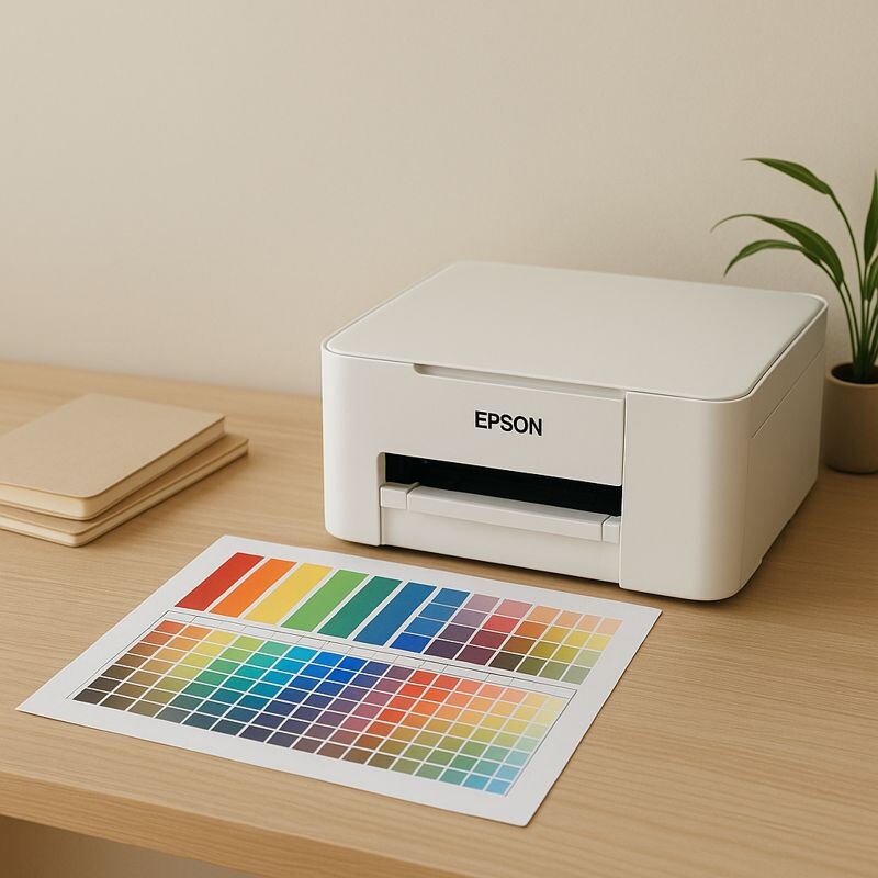 Epson 프린터 컬러 틀어짐을 점검하는 작업 공간 장면