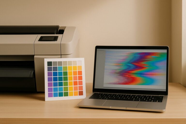 HP DesignJet 출력 색 왜곡 ICC 충돌 복구 장면을 표현한 프리미엄 색관리 워크플로우 이미지