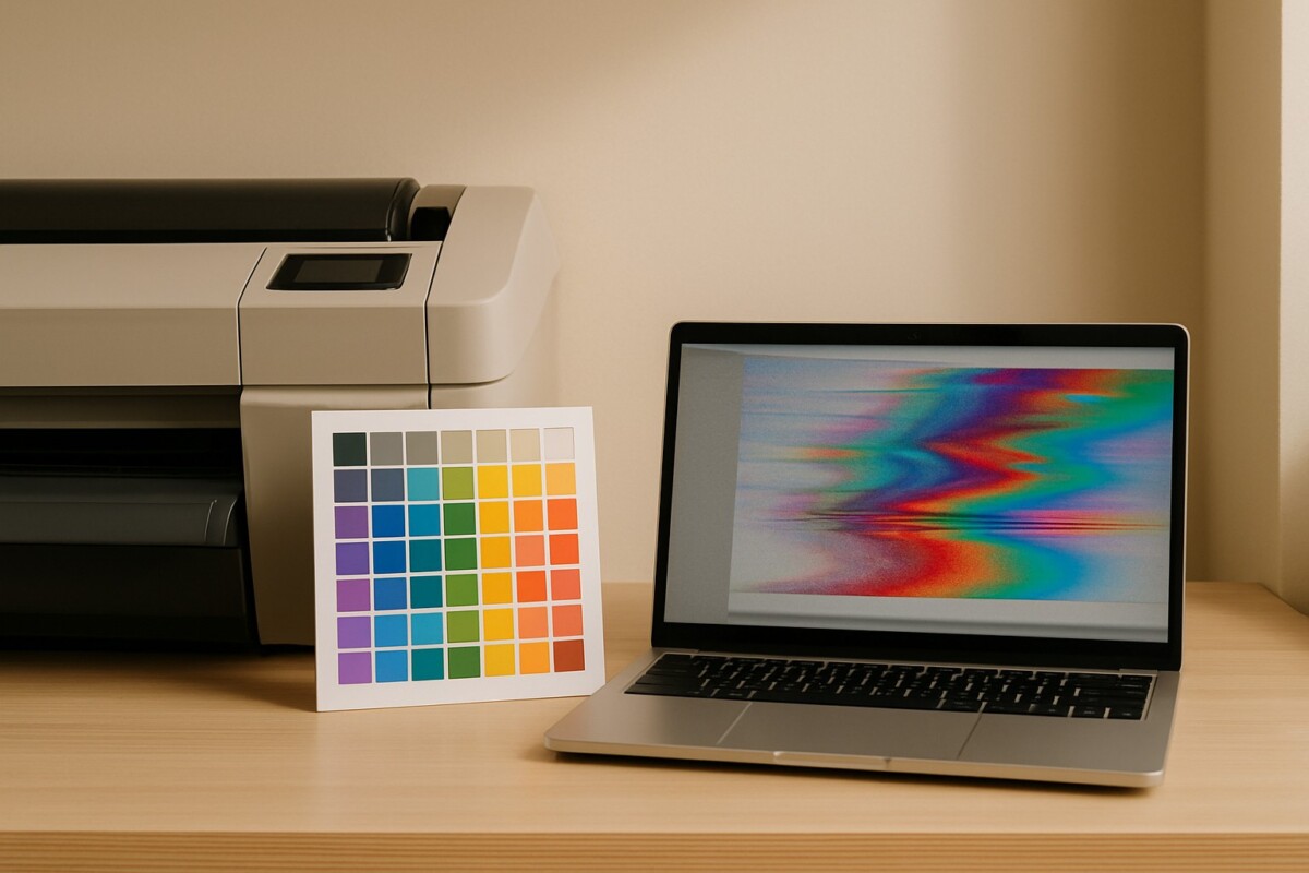 HP DesignJet 출력 색 왜곡 ICC 충돌 복구 장면을 표현한 프리미엄 색관리 워크플로우 이미지