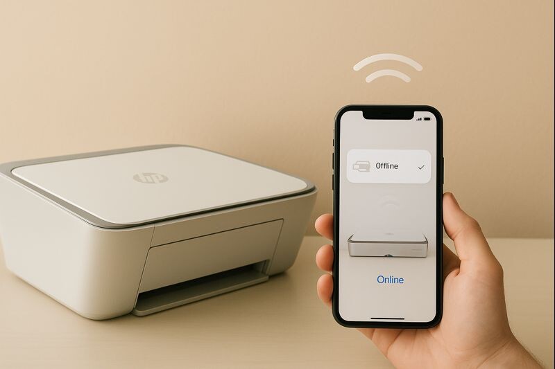 HP Smart 앱 오프라인 상태가 온라인으로 복구되는 과정을 보여주는 프린터·스마트폰 장면.