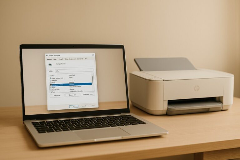 HP WSD 포트 오류 해결을 위해 포트 설정 창이 열린 노트북과 HP 프린터가 놓인 작업 공간 이미지