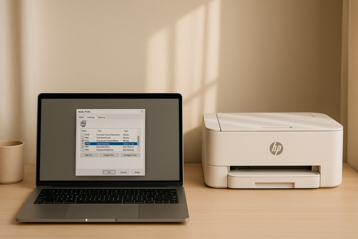 HP WSD 포트 오류 해결 과정에서 포트 설정 화면과 HP 프린터가 배치된 작업 공간 이미지