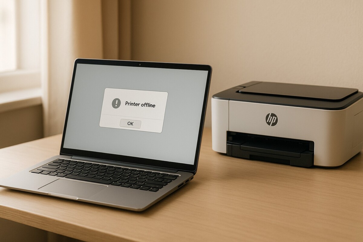 HP 프린터 오프라인 오류 상황을 보여주는 작업 공간