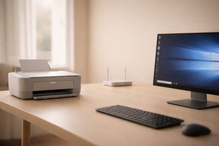 Windows 10에서 프린터 추가가 안 될 때 프린터는 정상인데 PC에 등록되지 않는 상황을 표현한 무선 프린터와 컴퓨터 장면