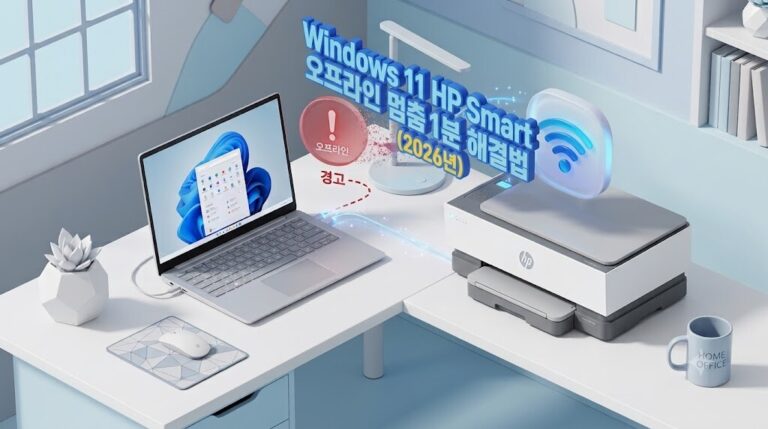 Windows 11 환경에서 HP Smart 오프라인 오류가 발생하는 프린터 연결 설정 화면