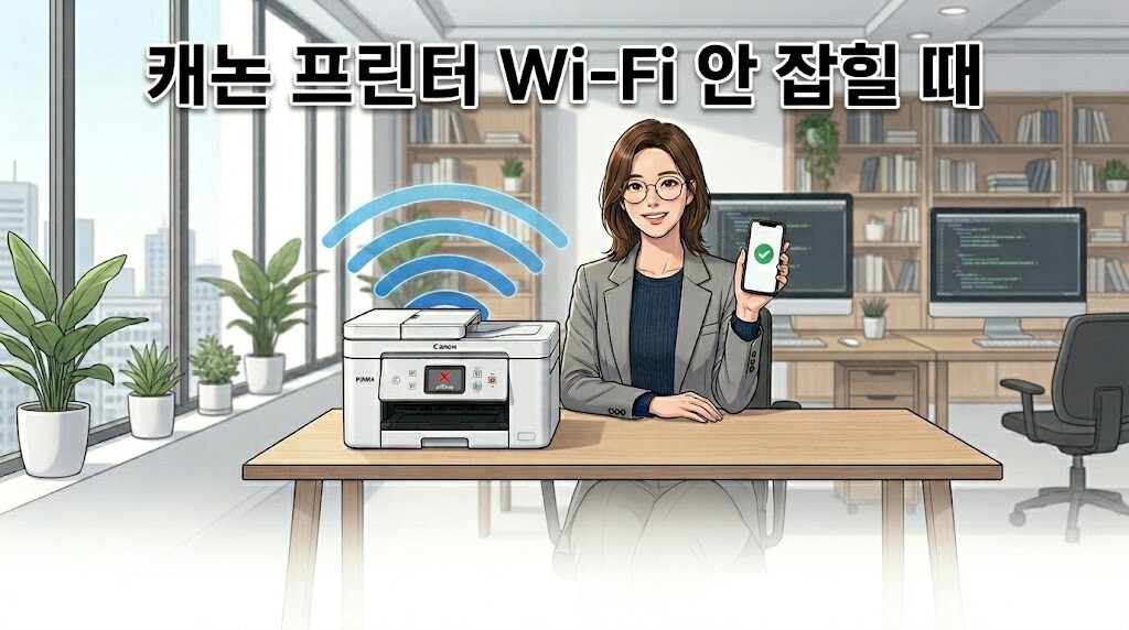 캐논 프린터 Wi-Fi 안 잡힐 때 상단 중앙에 고딕체 타이틀을 배치하고 무선 네트워크 연결을 복구한 현대적 반실사 일러스트