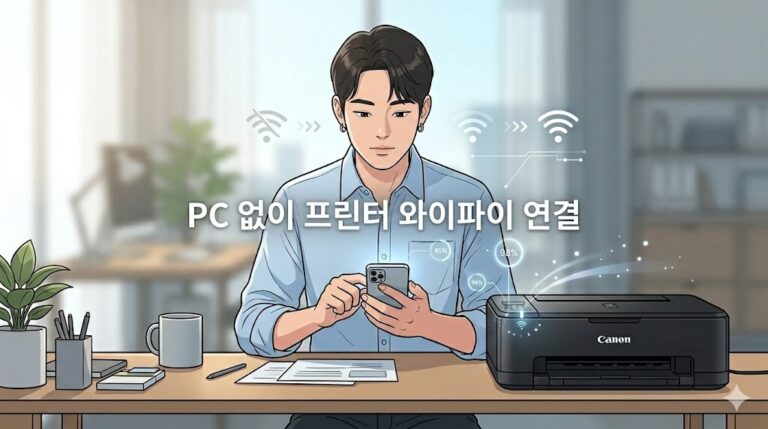 캐논 프린터 Wi-Fi가 아예 잡히지 않을 때 해결을 위한 타이틀 텍스트가 중앙에 배치된 무선 연결 설정 일러스트