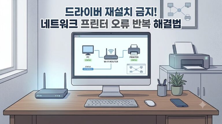 네트워크 프린터 오류 반복을 해결하기 위해 PC와 공유기 및 프린터의 연결 구조를 시각화한 웹툰풍 일러스트 썸네일