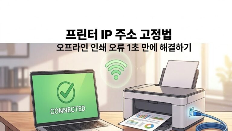 노트북 화면에 CONNECTED 문구가 뜨고 그 옆 프린터에서 문서가 출력되는 모습을 통해 프린터 IP 주소 변경으로 인한 오프라인 인쇄 오류를 해결하는 장면