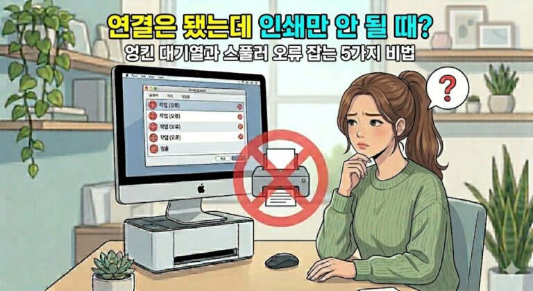 프린터는 연결됐는데 인쇄만 안 될 때 해결법, 인쇄 대기열 오류 화면을 보며 고민하는 모습