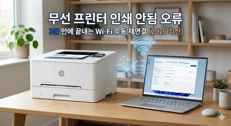 무선 프린터 인쇄 안됨 오류를 해결하기 위해 윈도우 11 환경에서 Wi-Fi 네트워크 주파수를 수동으로 재연결하는 방법 설명 이미지