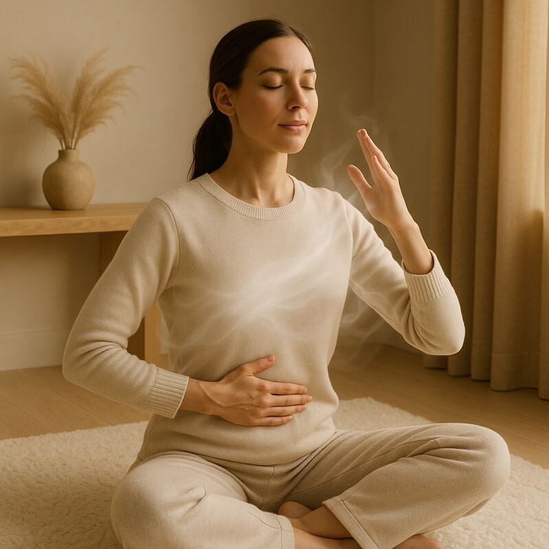 겨울철 복식호흡 장면, 복부에 손을 얹고 깊게 들이쉬는 모습으로 가슴 답답함을 완화하는 호흡법 표현