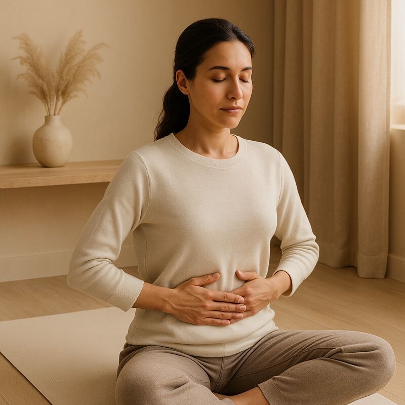 겨울 가슴 답답 증상을 완화하기 위해 옆 갈비뼈를 부드럽게 열어주는 늑골 스트레칭 동작을 표현한 이미지