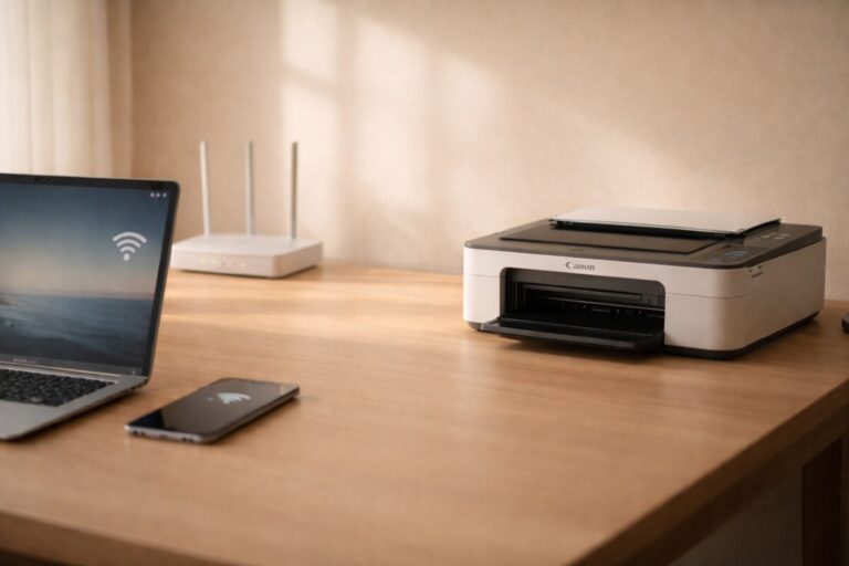 공유기 바꾼 뒤 캐논 프린터 인쇄 안 됨 상황을 표현한 홈 오피스 장면