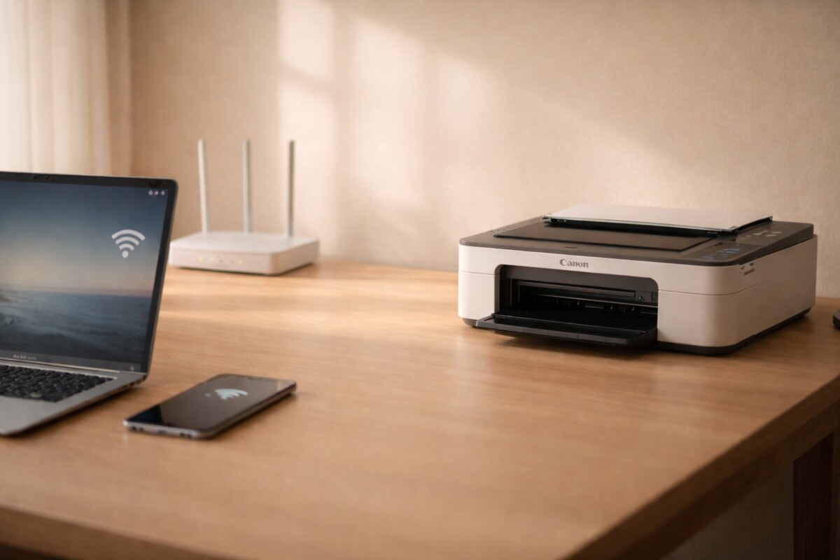 공유기 바꾼 뒤 캐논 프린터 인쇄 안 됨 상황을 표현한 홈 오피스 장면