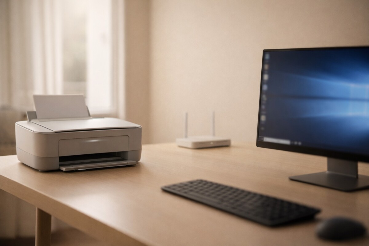 공유기에는 연결됐는데 PC에서 프린터가 안 보일 때 발생하는 네트워크 인식 경로 문제를 표현한 무선 프린터와 Windows PC 장면