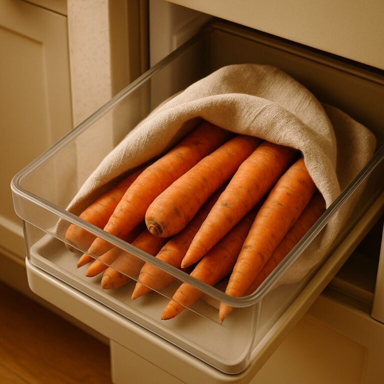 당근 보관, 수분을 지켜 탄력을 유지하도록 당근을 보관하는 장면