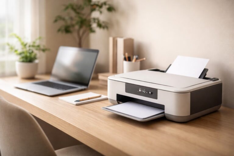 무선 프린터 인쇄가 안 될 때 Wi-Fi 연결 문제로 출력이 멈춘 홈오피스 환경을 보여주는 대표 이미지