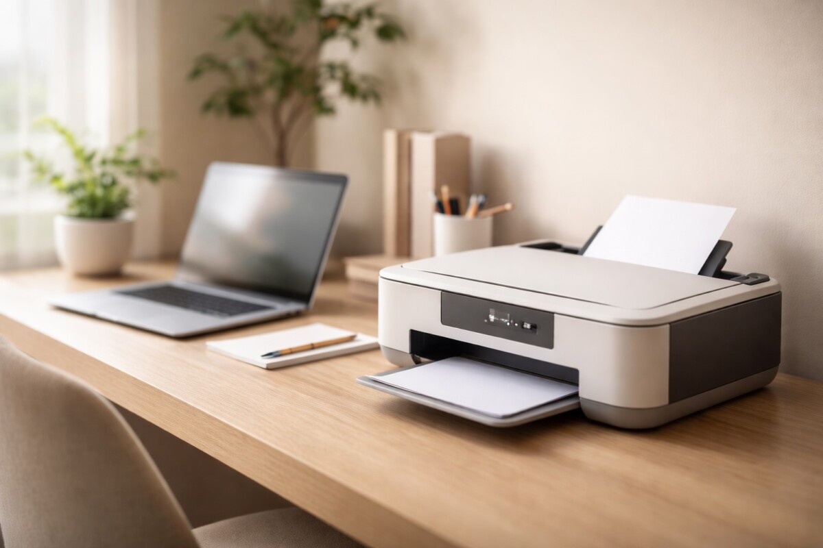 무선 프린터 인쇄가 안 될 때 Wi-Fi 연결 문제로 출력이 멈춘 홈오피스 환경을 보여주는 대표 이미지