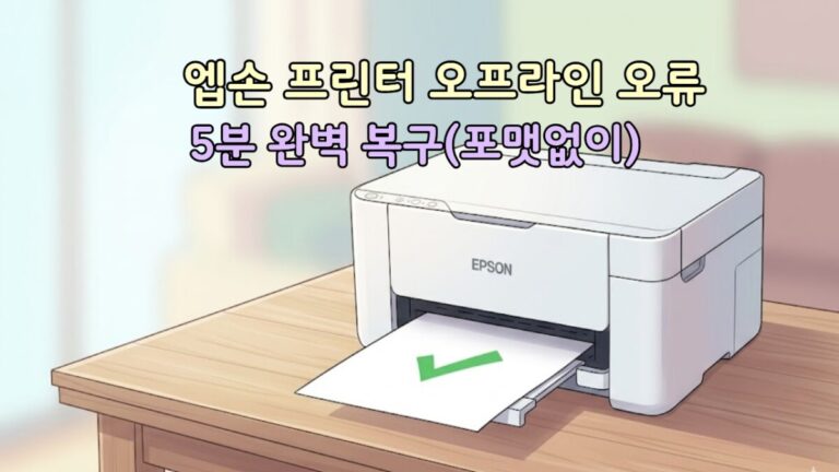 Epson 프린터 오프라인 오류 발생 화면과 5분 복구 완료 상태를 직관적으로 비교한 일러스트