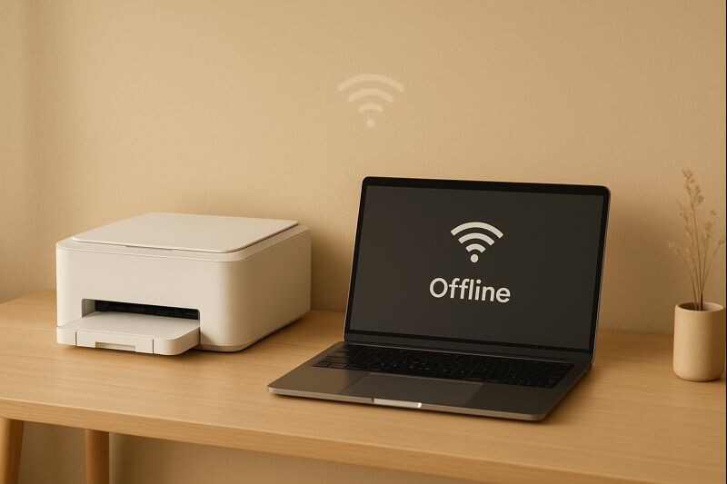 와이파이 프린터 연결 끊김 상황을 나타내는 노트북과 무선 프린터 장면