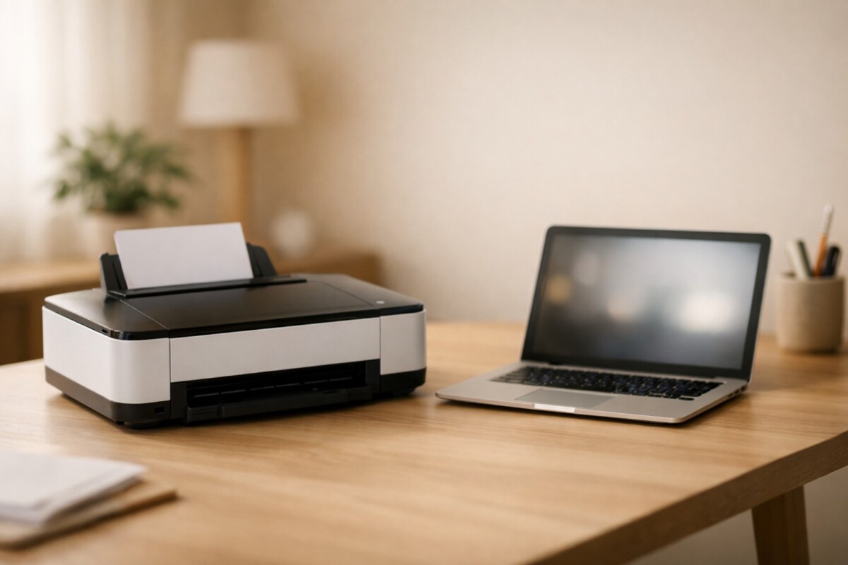 인쇄 버튼 눌러도 아무 반응 없을 때 상황에서 Windows 노트북과 프린터가 정상 전원 상태지만 인쇄가 멈춰 있는 모습