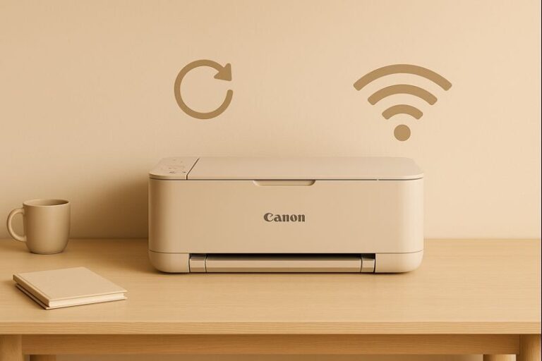 캐논 프린터 Wi-Fi가 다시 잡히는 장면을 표현한 미니멀 이미지.