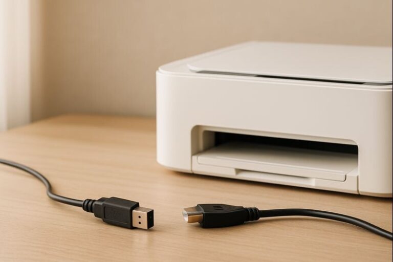 프린터 USB 연결 안 될 때 케이블과 포트를 점검하는 장면을 베이지 톤으로 표현한 이미지