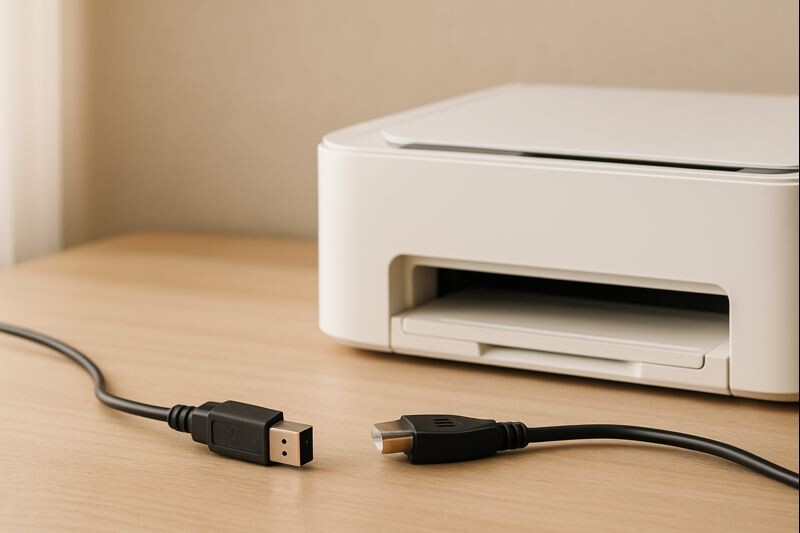 프린터 USB 연결 안 될 때 케이블과 포트를 점검하는 장면을 베이지 톤으로 표현한 이미지