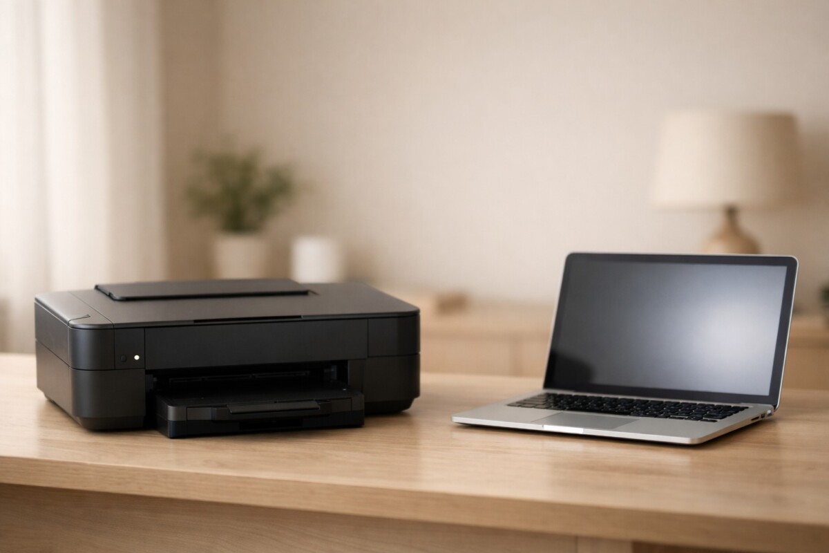 프린터가 갑자기 아무 반응이 없을 때 전원은 켜져 있지만 인쇄가 되지 않는 상황을 보여주는 홈오피스 장면