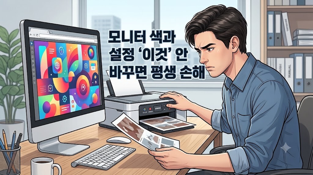 2026년 최신 프린터 색상 오류를 해결하기 위해 모니터 화면과 인쇄물의 색상을 맞추는 방법을 설명하는 웹툰풍 일러스트 대표 이미지